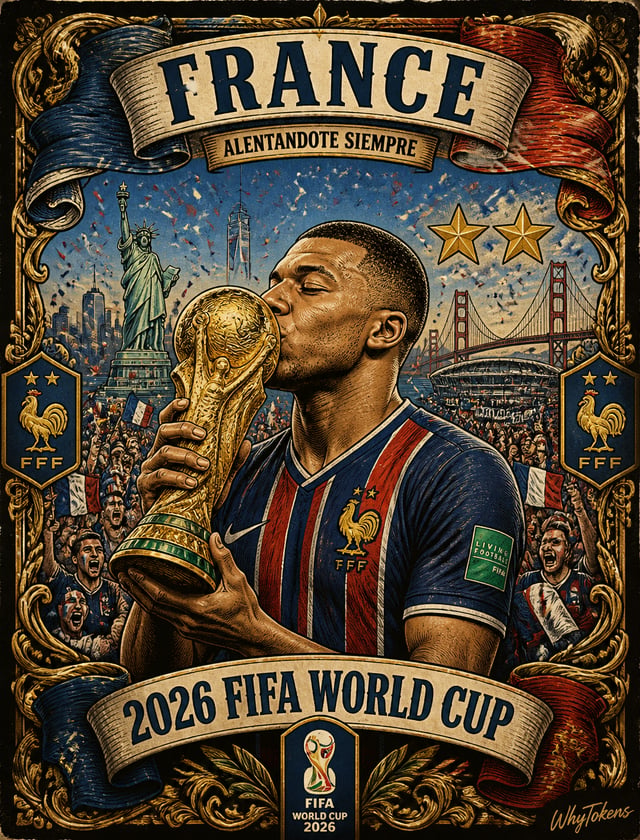 Main visual: Kylian Mbappé, young athletic with trimmed beard, eyes closed passionately kissing the 