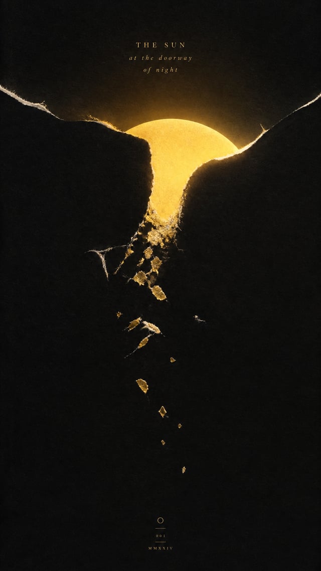 The sun standing at the doorway of night, vertical editorial illustration poster, deep black paper b
