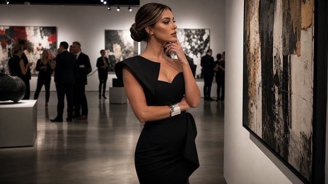 A striking woman, radiating sophistication and wealth, with a natural curvy chest and slender frame.
