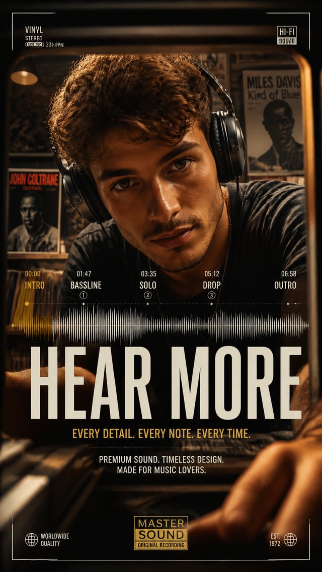 A premium 9:16 music lifestyle advertising poster.Main Subject: