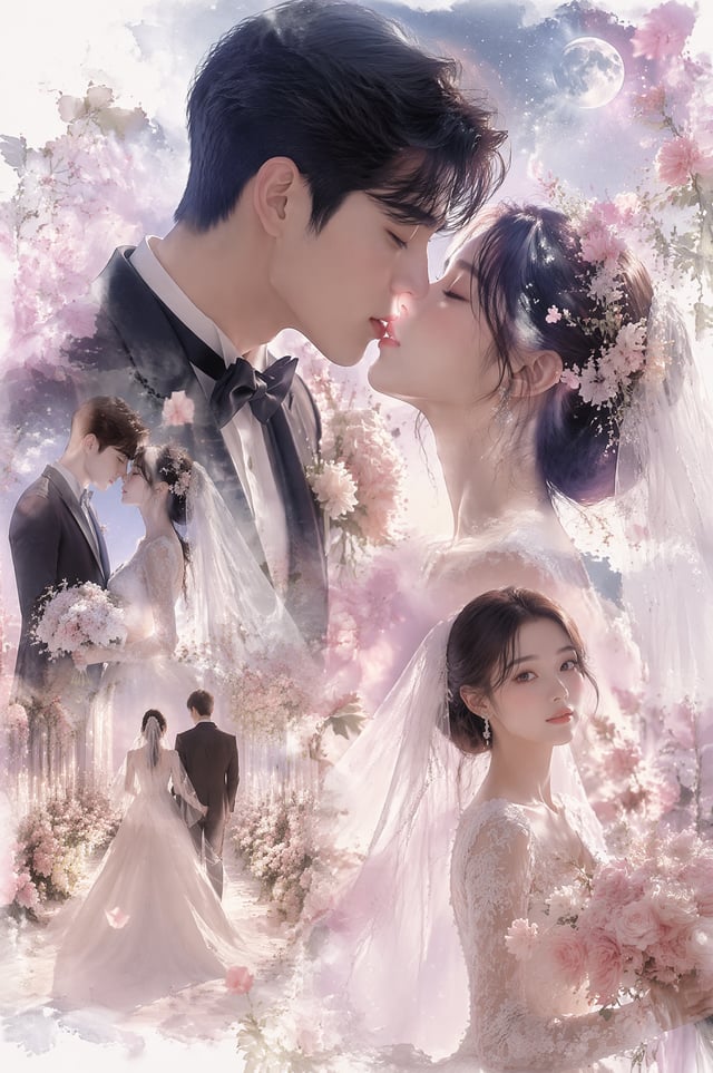 A dreamy luxury wedding portrait collage of aromantic bride and groom, intimate kiss, elegantwhite w