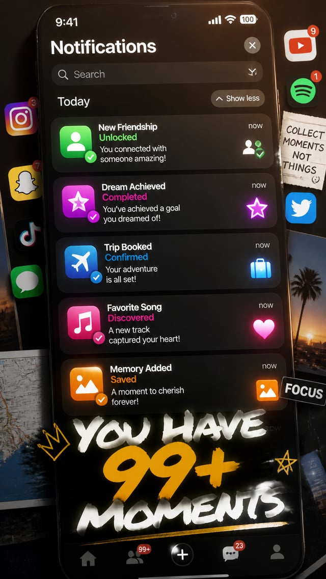 A premium 9:16 youth-culture poster.Main Subject:A giant realistic notifications panel filling the c