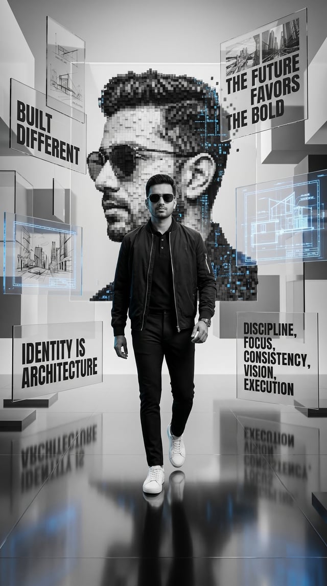 A futuristic monochrome motivational digital artwork featuring a man resembling *Gaurav Kumar* walki