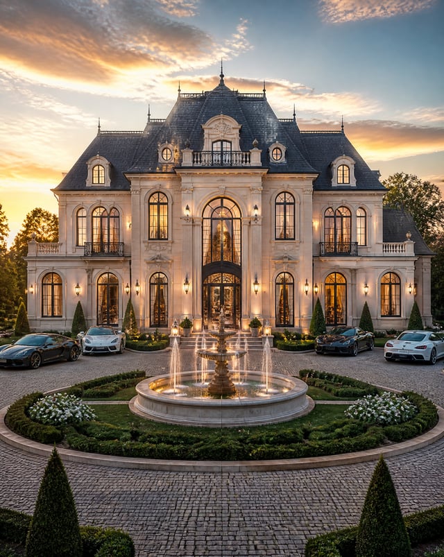 Ultra-realistic French château luxury mansion, full front view, grand symmetrical architecture, crea