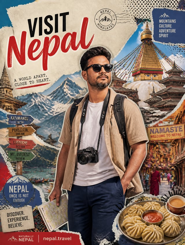 Create a stylized travel poster / graphic collage for Nepal. The main subject should be a stylish in