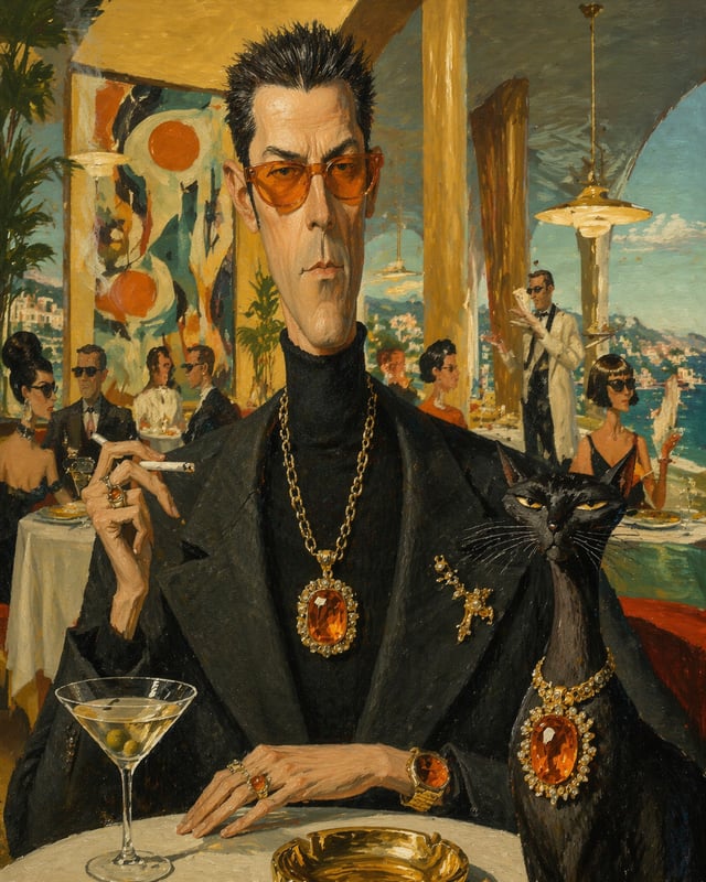 A surreal mid-century editorial illustration depicting an eccentric version of the man in the photog