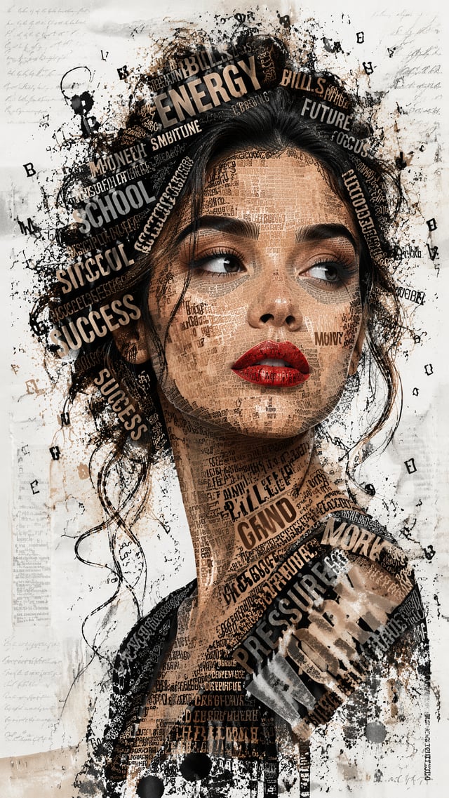 A striking typographic portrait of a young woman with a thoughtful three-quarters gaze, entirely con