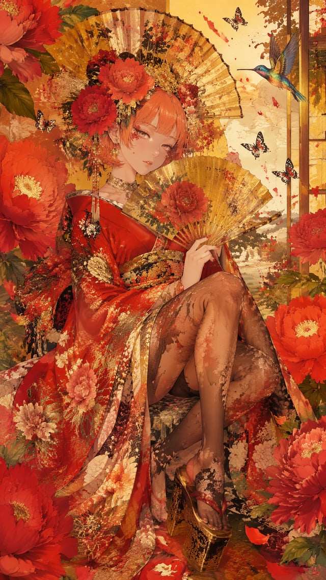 Vertical ornate ukiyo-e anime illustration, delicate young lady sitting among huge red peony flowers