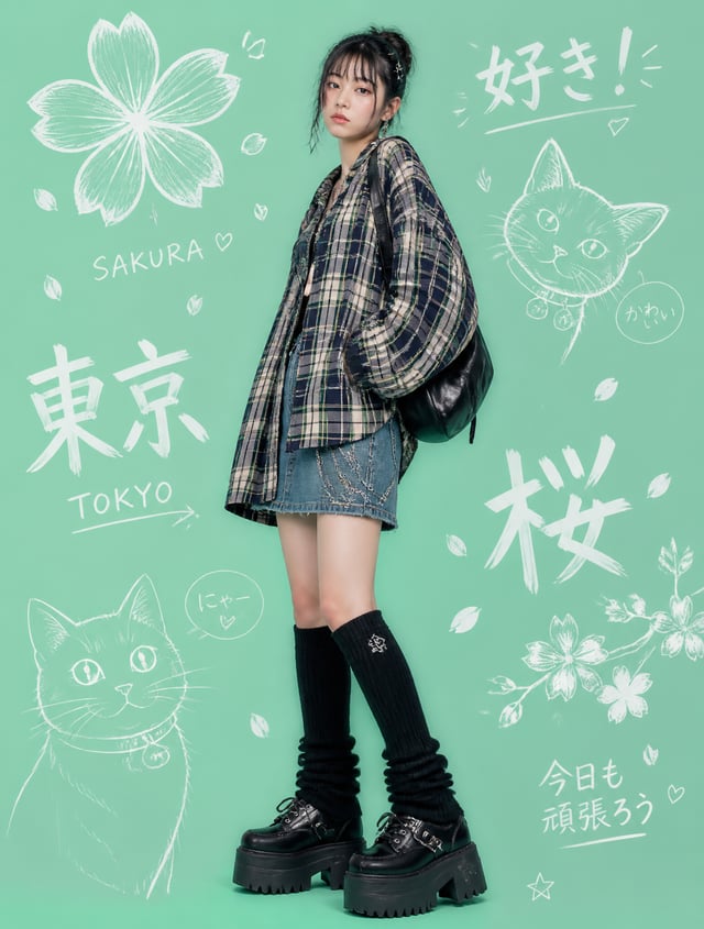 Japanese StreetwearA young Japanese woman in a plaid oversized flannel shirt, denim mini skirt, knee
