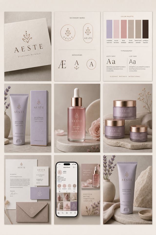 Create a complete brand identity presentation for an original premium skincare brand called "AESTE".