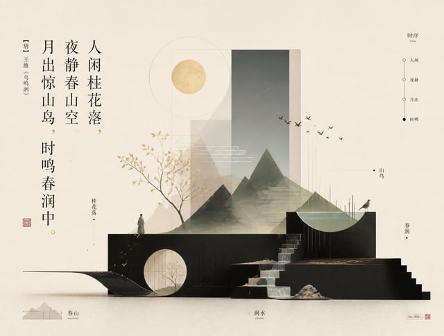 画面上要体现古诗的文字：人闲桂花落，夜静春山空。月出惊山鸟，时鸣春涧中。