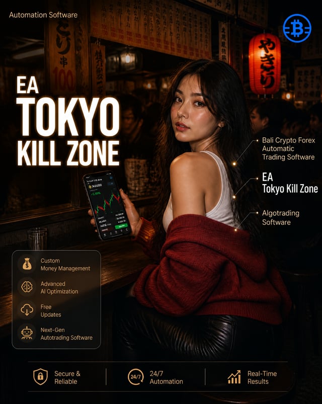 Advertisement poster for “BALI CRYPTO FOREX” product: EA Tokyo Kill Zone, vertical 4:5 composition. 