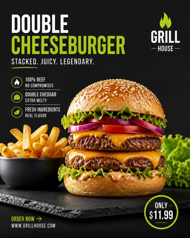 A professional food advertisement features a double-patty cheeseburger centered on a matte black sla
