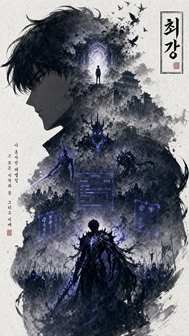 A collectible anime art poster of Sung Jinwoo from Solo Leveling. His large side-profile face and up