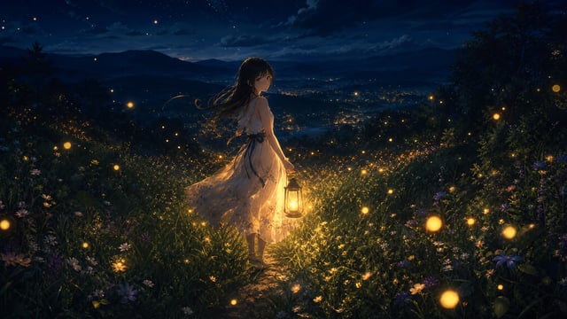 A girl walking through a meadow illuminated by thousands of glowing fireflies, warm lantern in hand,