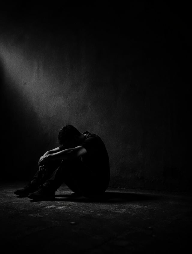 Minimalist, high-contrast silhouette of a lonely man slumped over sitting on the floor, deep charcoa