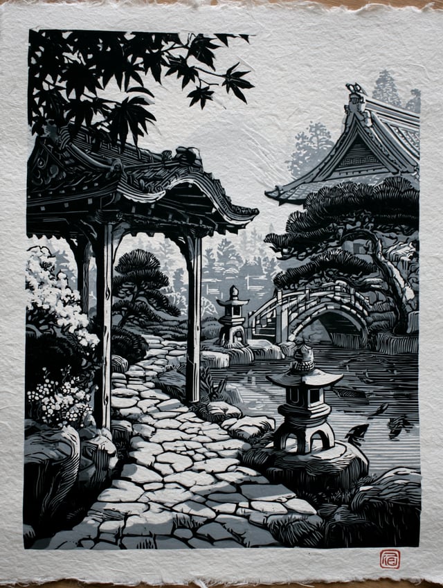 {  "prompt_en": "A hand-carved linocut print in the Japanese ukiyo-e inspired style of François Pach