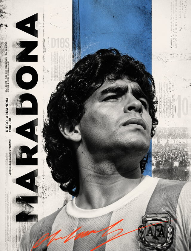 Minimalist Editorial PosterUltra-realistic black-and-white portrait of [maradona], low-angle 45° fro