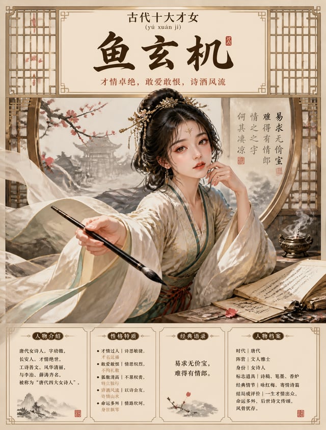 请生成一张【中国古典人物高端国风信息海报】。【人物】人物名称：{鱼玄机}【前置分析要求】请先基于该人物在中国古典文学、历史叙事或民间文化中的主流形象，完成并应用以下信息：人物拼音：yú xuán jī