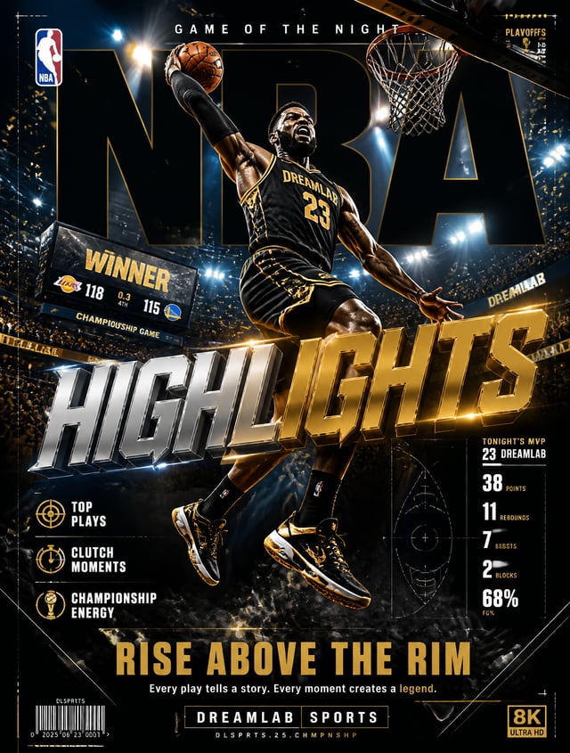 Ultra-premium NBA basketball highlights poster featuring an explosive game-winning moment inside a p