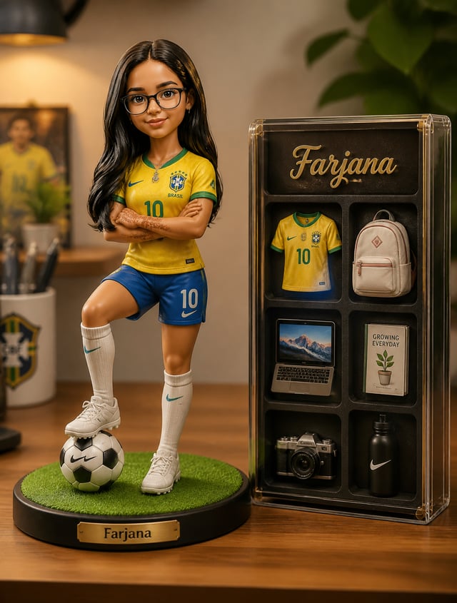 Create a premium 3D collectible figurine of [Person Character] in a stylized semi-realistic designer