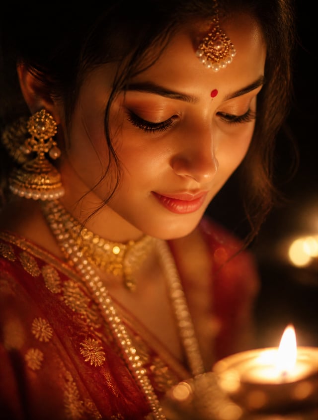 A portrait of a woman in traditional Indian attire is captured in an ethereal, dreamlike state, illu