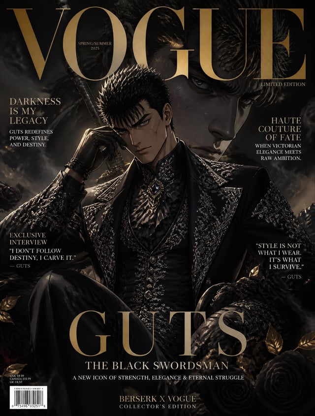 Luxury anime fashion magazine cover inspired by Vogue and haute couture editorials, berserk characte