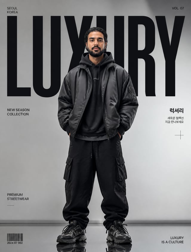 Create a premium high-fashion editorial poster for "LUXURY " in a luxury Korean streetwear magazine 