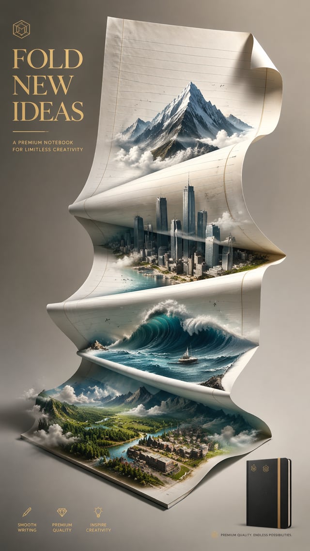 A premium 9:16 notebook advertising poster.Main Subject:A giant premium sheet of paper floating vert