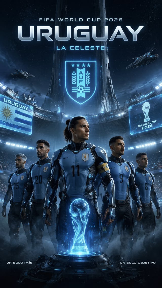Halo StyleVertical 9:16 poster of World Cup 2026, Uruguay national team in futuristic sci-fi stadium