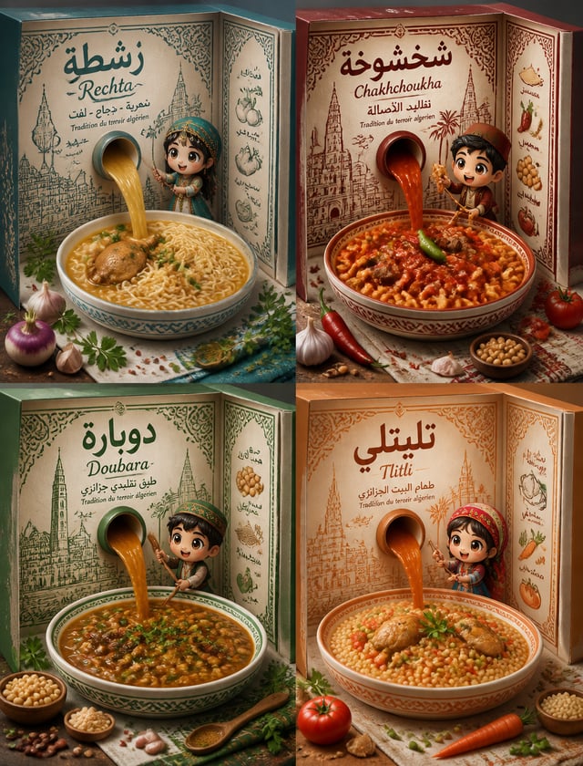2x2 grid featuring four iconic Algerian dishes: Rechta, Chakhchoukha, Doubara, and Tlitli. Each quad