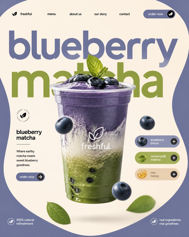 blueberry matcha STYLE & ART DIRECTION: Modern minimalist food advertising aesthetics, Swiss-style a