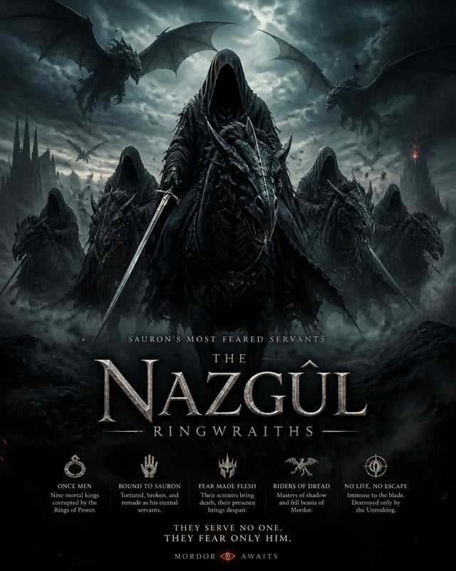 character poster for  "The Nazgul, also known as the Ringwraiths, were Sauron’s slaves and his most 