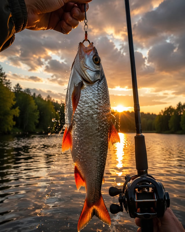 Vertical fishing close-up photography, a silver fish with red fins hanging from a hook, ultra detail