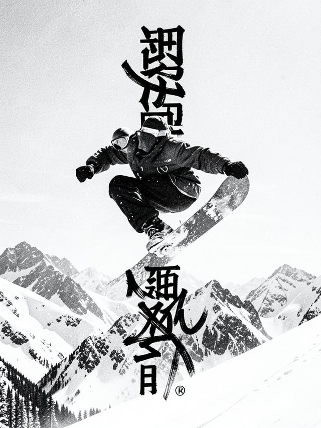 black and white action collage of snowboarder mid-air trick, grainy texture, vertical typography, ab