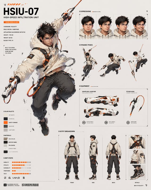 A dynamic character concept sheet showcases a "High-Speed Infiltration Unit" in a mid-air grappling 