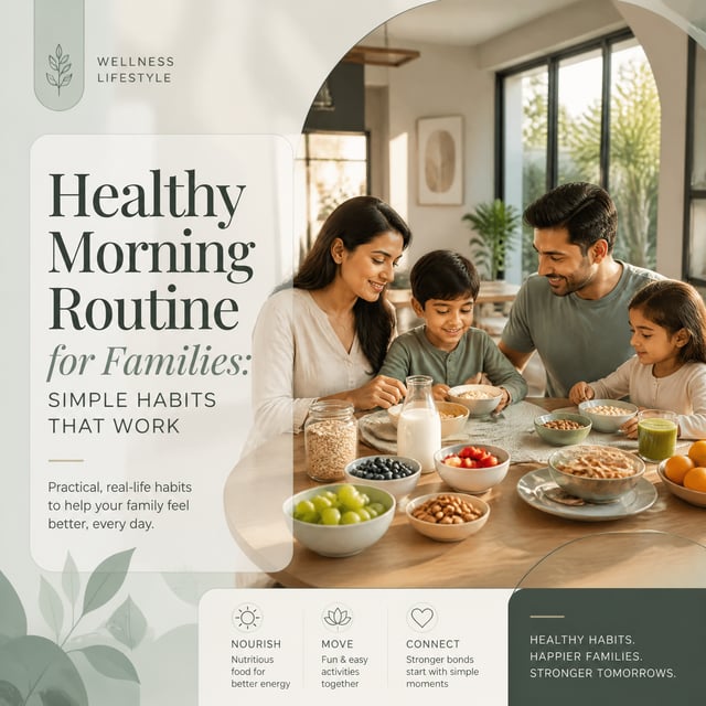 Create a luxury editorial blog cover design for the title "Healthy Morning Routine for Families: Sim