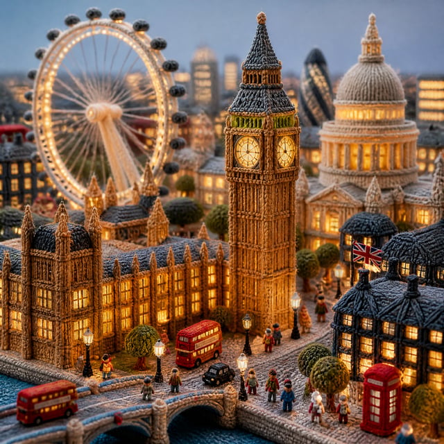“Vertical composition, 1080x1080. A miniature [City] made entirely in knitted yarn-art style. Iconic
