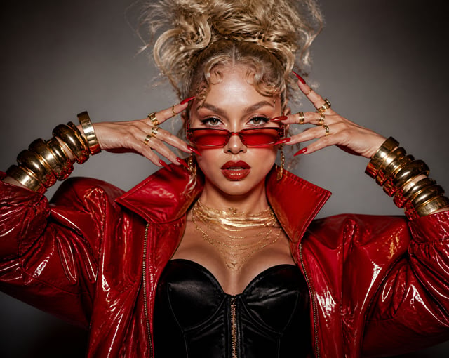 Ultra high-fashion editorial portrait of a striking young blonde woman, waist-up composition, powerf