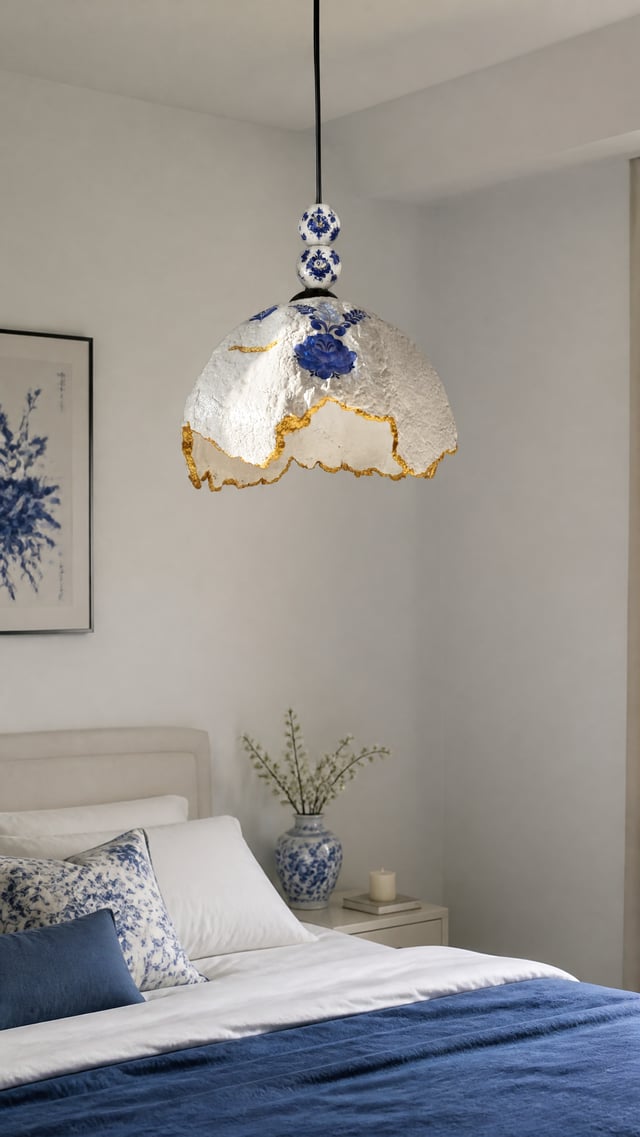 A handcrafted papier-mâché pendant lamp features a rugged, irregular dome shape finished with a text