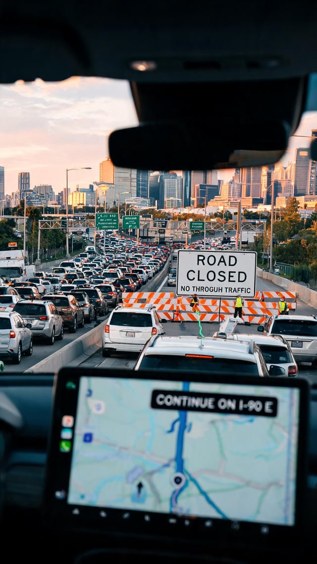 Large realistic highway closure in a modern city while navigation systems and traffic continue sendi