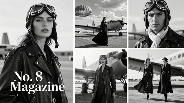 Create a wide panoramic black-and-white luxury fashion editorial collage inspired by vintage aviatio