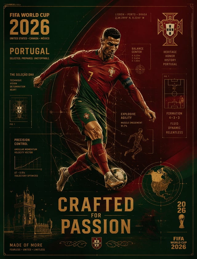 FIFA World Cup 2026 Portugal blueprint poster, deep red-green palette with gold accents, schematic d