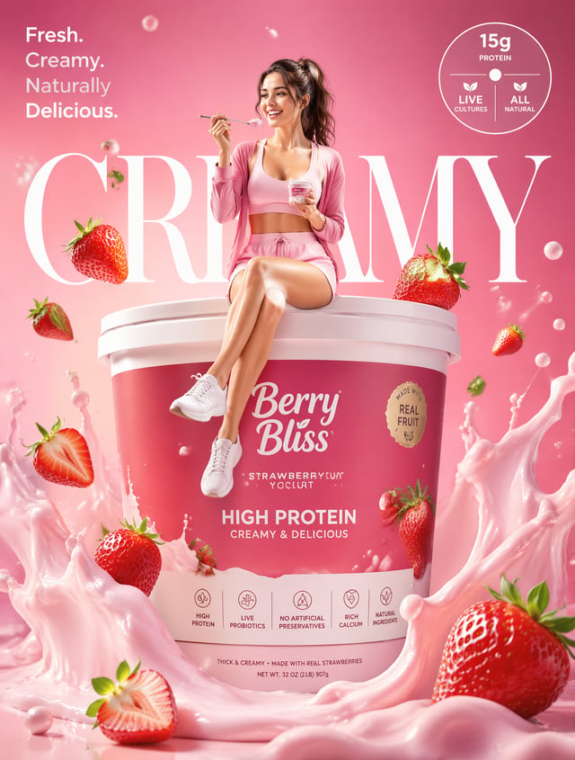 Ultra-premium yogurt commercial advertising poster, luxury dairy product campaign, award-winning Beh