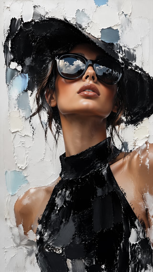 A high-fashion editorial mixed-media portrait of a chic woman, blending realistic facial features wi