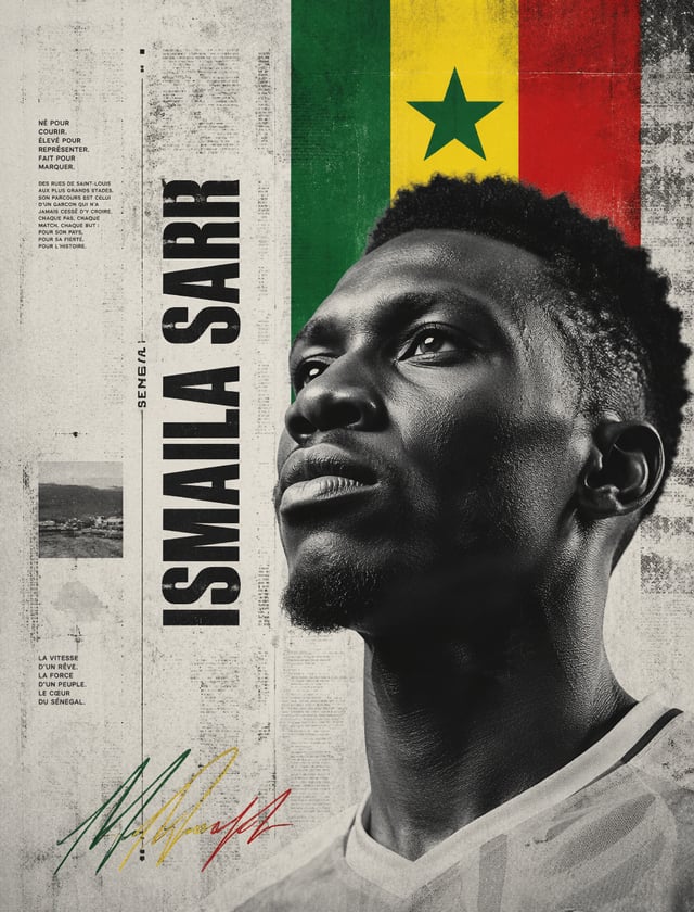 Minimalist Editorial PosterUltra-realistic black-and-white portrait of Ismaila Sarr , low-angle 45° 