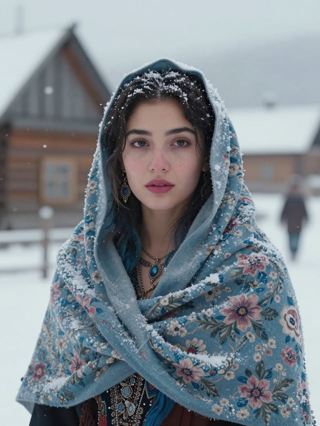 A cinematic portrait of a young Roma woman standing in a snowy village, softly falling snowflakes su