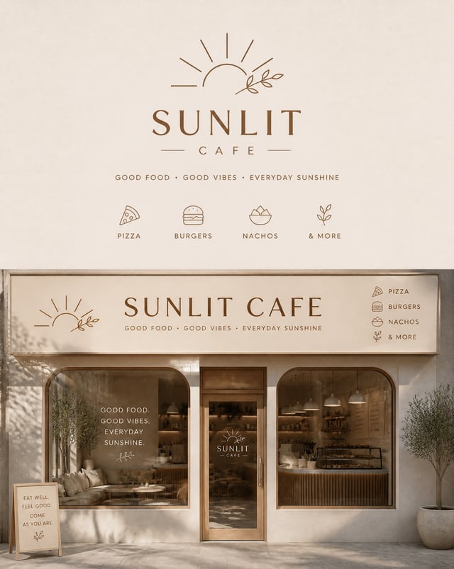Create a logo and front hoarding design for our cafe. The name of the cafe is Sunlit Cafe. The estab