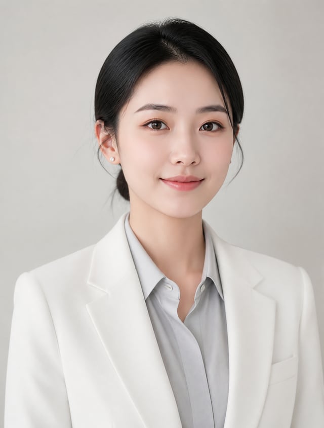 人物肖像照，正面，28岁东亚年轻女生，28岁亚洲女性职业肖像，脸型偏圆，但是看起来偏瘦，乌黑低丸子头，佩戴简约白金耳钉（直径8mm）。五官特征：粉雾眉（#5A4A42渐变），杏仁眼带珠光浅棕眼影（Pa