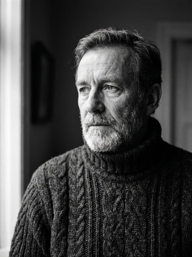 This is a black-and-white portrait photograph with strong emotional weight, featuring a man lit by d
